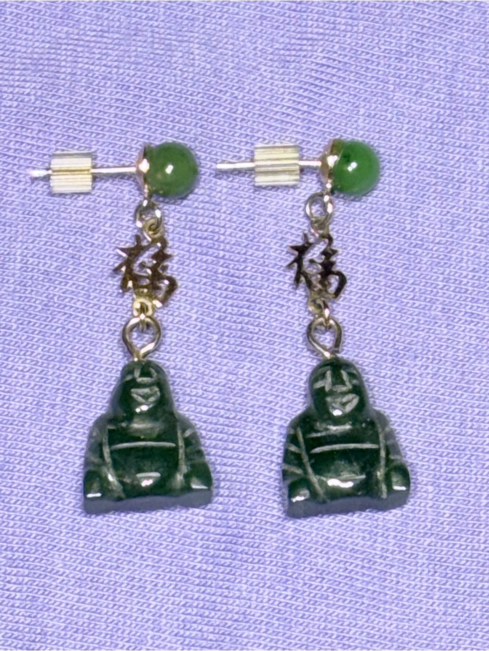 Green Jade Buddha Dangle Earrings - Women's Jewelry 1970’S